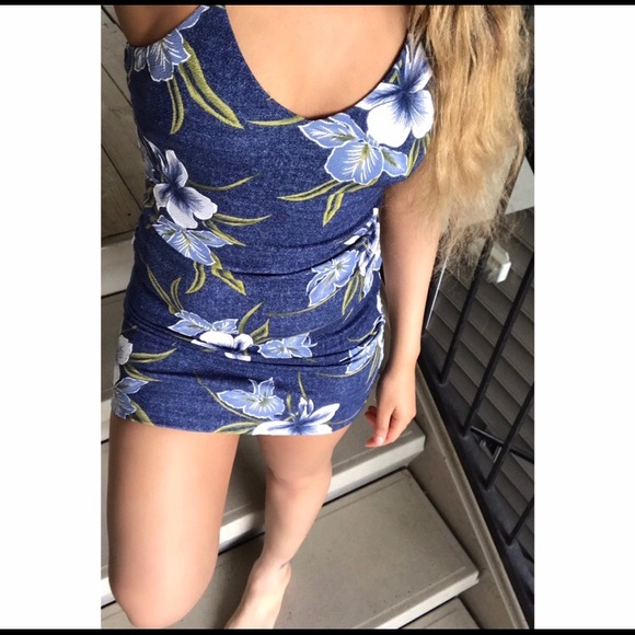 Denim Blue Tropical Floral Bodycon Mini Dress - Picture 4 of 4